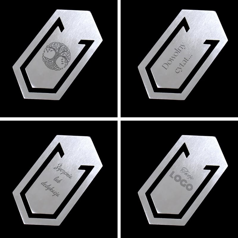 metalowa zakładka z własnym, dowolnym grawerem - tekst lub grafika - przykłady