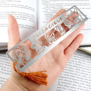 Metalow zakładka do książki z psami: Golden Retriever, Jamnik, Buldożek Francuski, Papillon i Bullterier